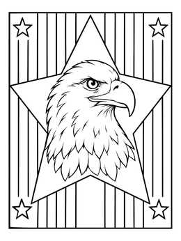 A detailed bald eagle coloring page featuring a proud eagle head inside a large star with vertical stripes.