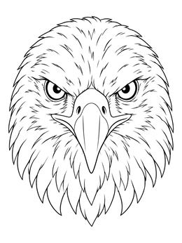 A detailed bald eagle coloring page showcasing a symmetrical front-facing head portrait.