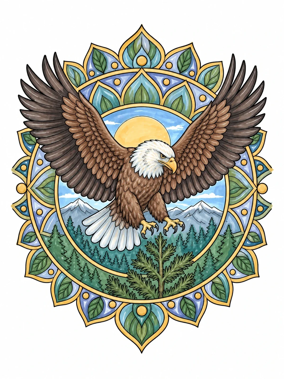 Colored example of the Bald Eagle Landing In Forest Mandala coloring page