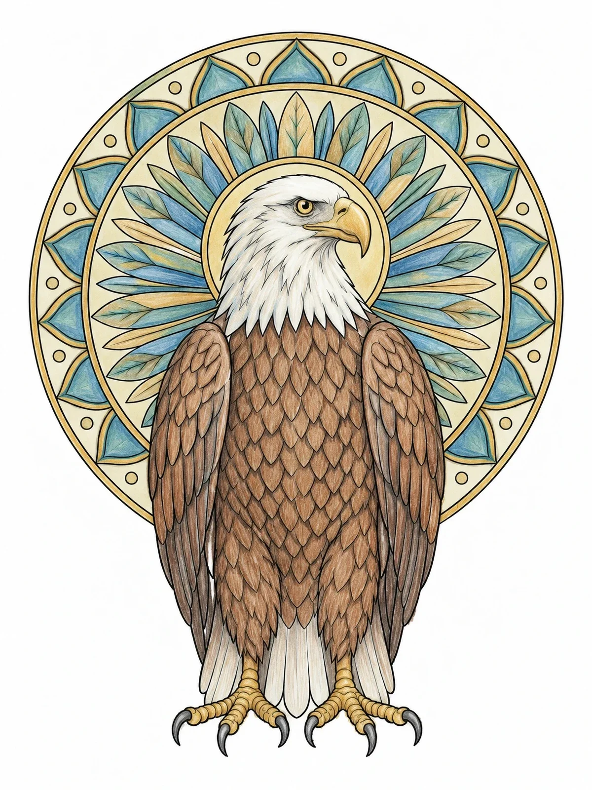 Colored example of the Majestic Bald Eagle Mandala coloring page