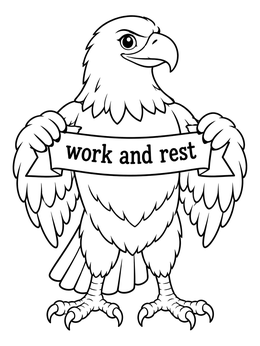 A proud cartoon eagle holds a banner on this labor day coloring page.