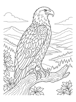 A detailed bald eagle coloring page showing a majestic bird perched on a branch above mountains.