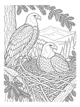 A detailed bald eagle coloring page featuring two eagles resting in a nest with mountain scenery.