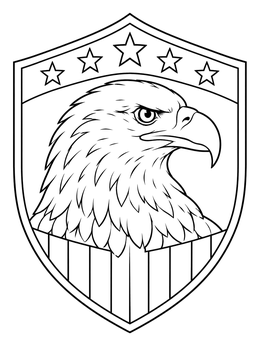 A detailed bald eagle coloring page framed inside a patriotic shield emblem with stars and stripes.