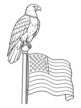 A majestic bird sits above an American flag in this bald eagle coloring page.