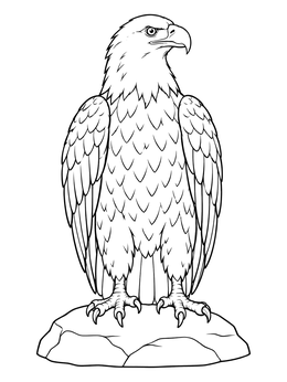 A detailed bald eagle coloring page featuring the proud bird perched firmly on a large flat rock.