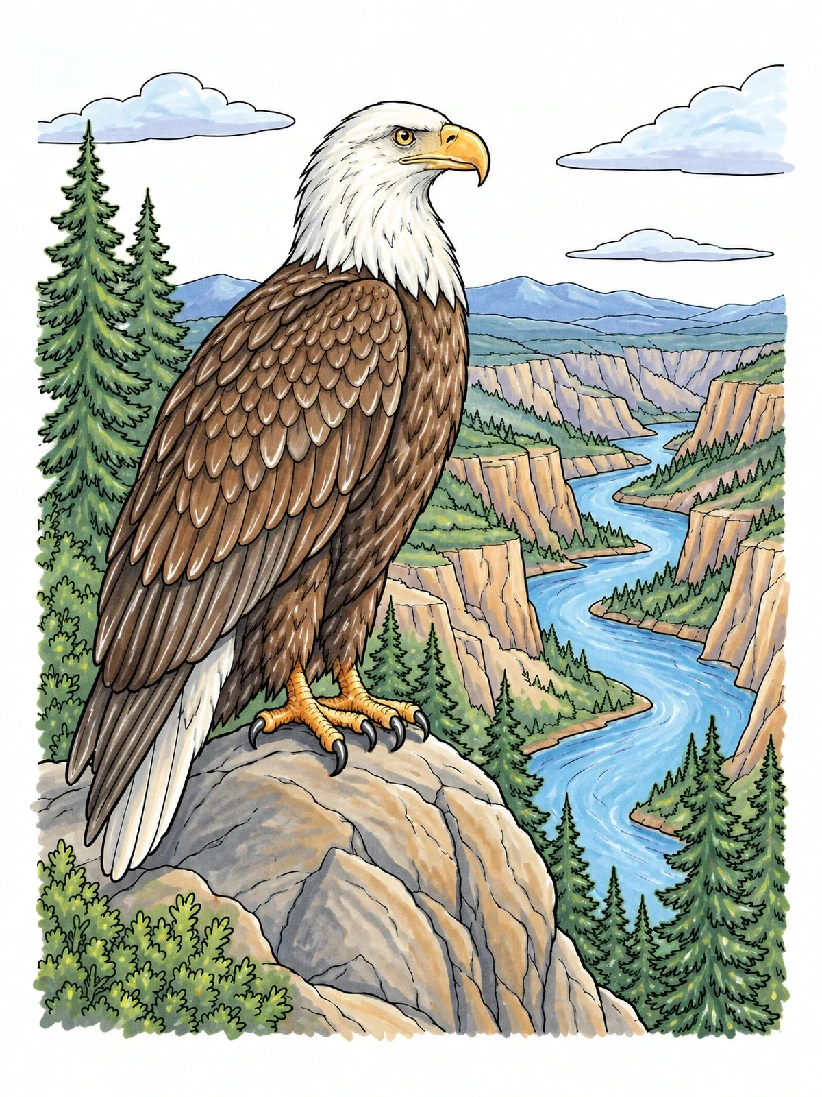 Colored example of the Bald Eagle Over Canyon River coloring page