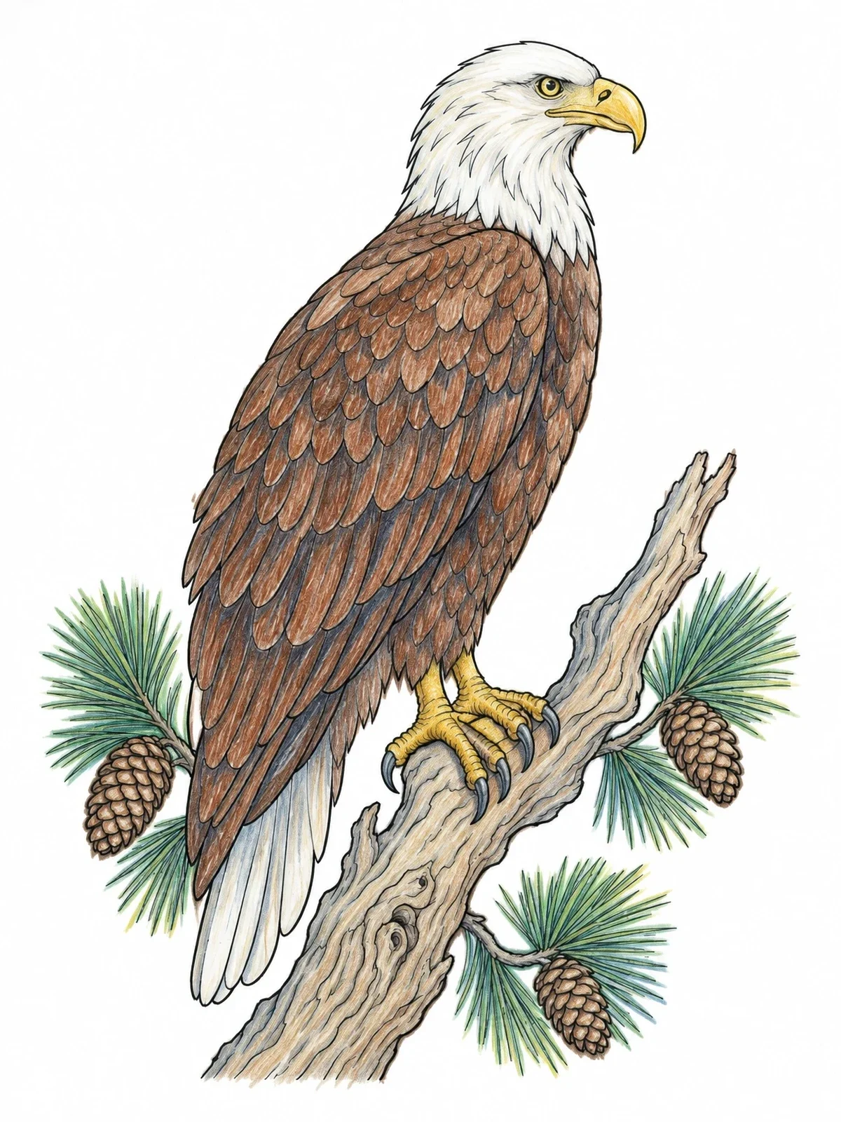 Colored example of the Bald Eagle Perched On Pine Branch coloring page