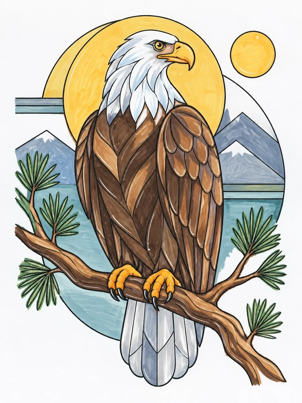 Colored example of the Bald Eagle On Pine Branch coloring page