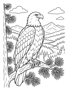 A bald eagle perched on a branch in this pine forest coloring page with mountain views.