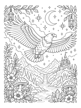 A detailed bald eagle coloring page soaring across a starry sky above mountains and a castle.