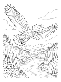 A detailed bald eagle coloring page soaring above a deep river canyon.