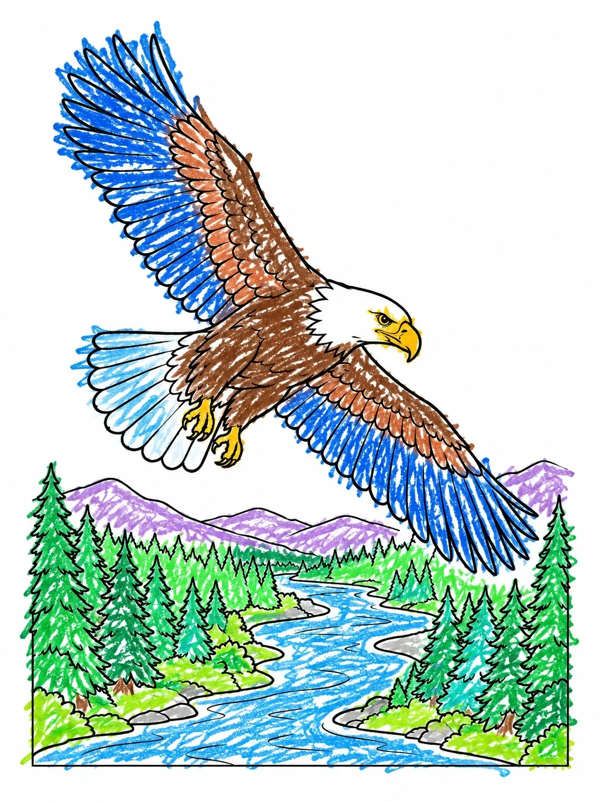 Colored example of the Bald Eagle Soaring Over River coloring page