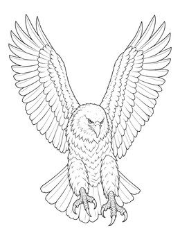 A realistic bald eagle coloring page showing the majestic bird descending with spread wings.