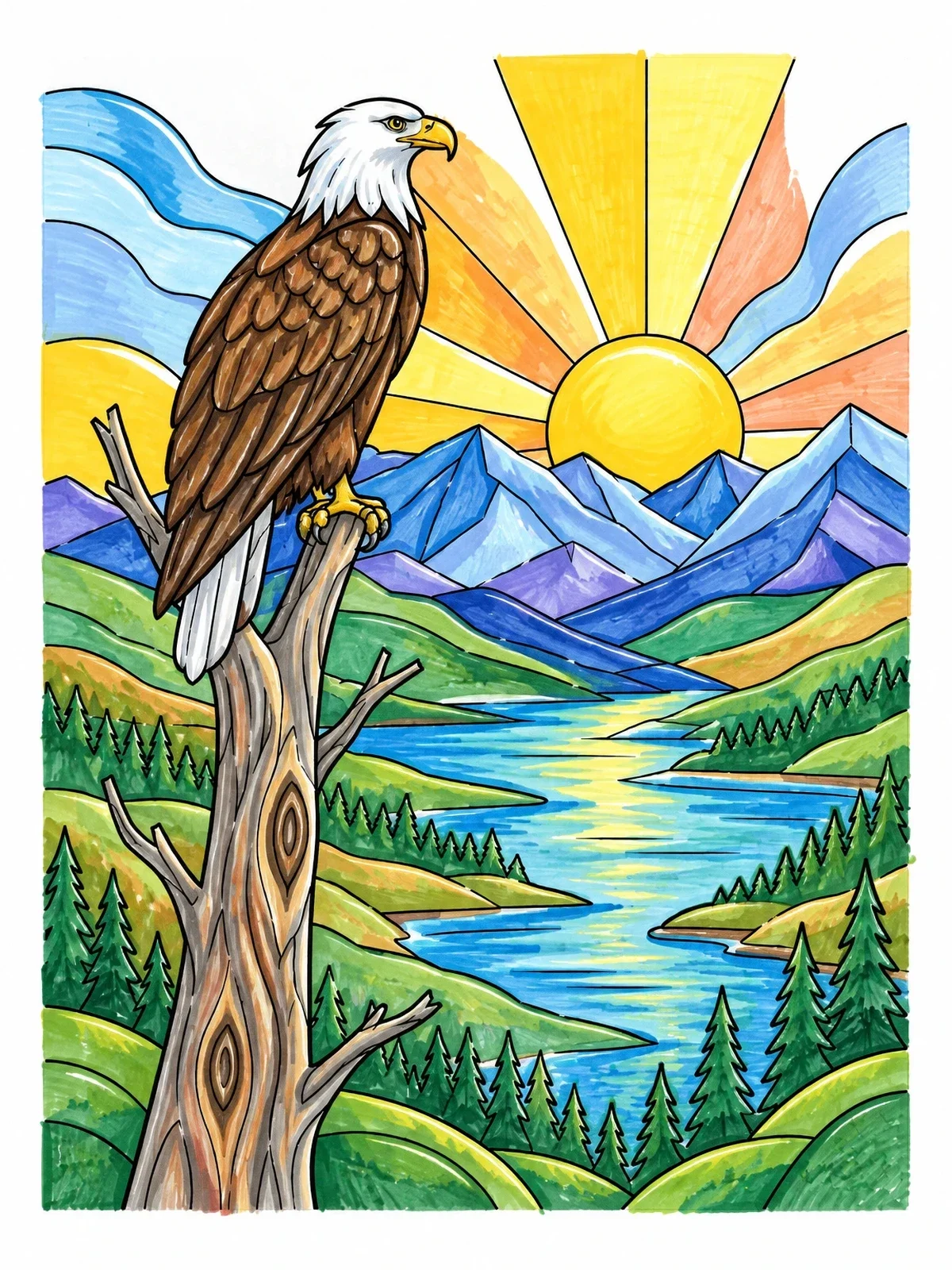 Colored example of the Bald Eagle Over Yellowstone Valley coloring page