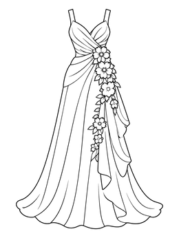 An elegant ball gown dress coloring page featuring cascading flowers and draped flowing fabric.