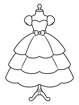 A ruffled dress coloring page featuring a princess gown on a vintage mannequin stand.