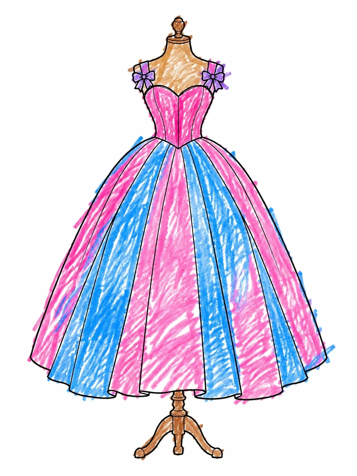 Colored example of the Ball Gown On Vintage Mannequin coloring page