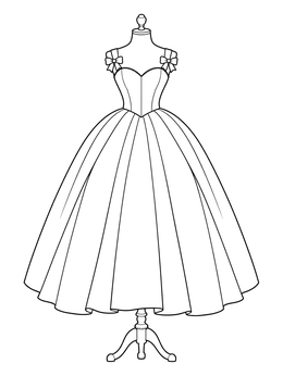 An elegant ball gown dress coloring page displayed on a vintage dressmaker mannequin stand.