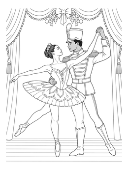 A ballerina and Nutcracker prince dance gracefully in this nutcracker coloring page.