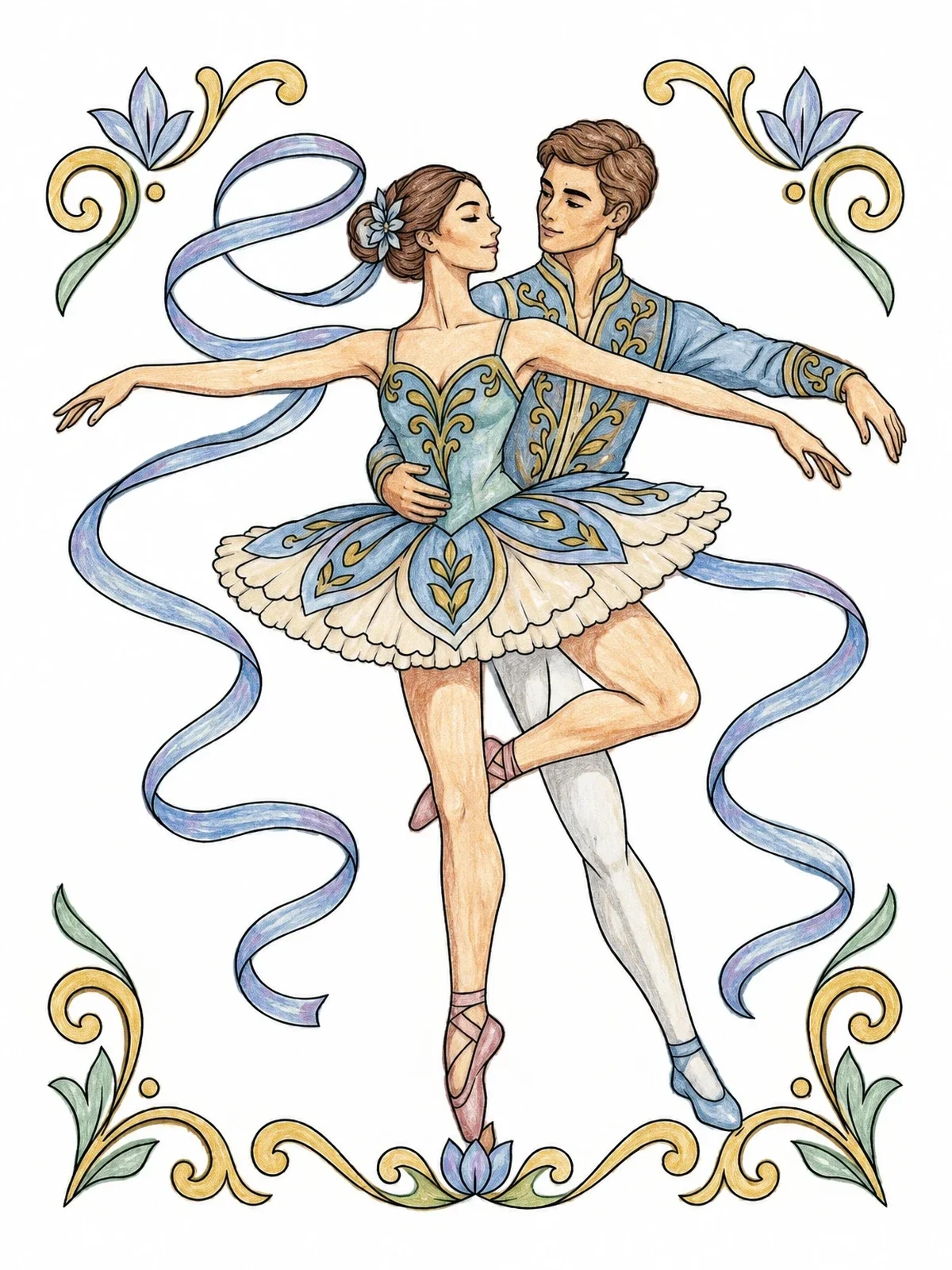 Colored example of the Ballet Pas De Deux Dancers coloring page
