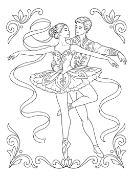 A graceful ballerina coloring page featuring a ballet couple dancing in ornate costumes.