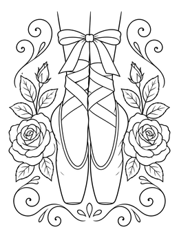 A detailed ballerina coloring page featuring ballet pointe shoes tied with ribbons surrounded by blooming roses.