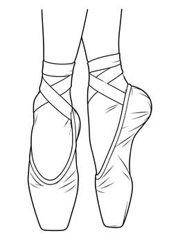 Detailed ballerina coloring page showing ballet pointe shoes en pointe with ribbons.