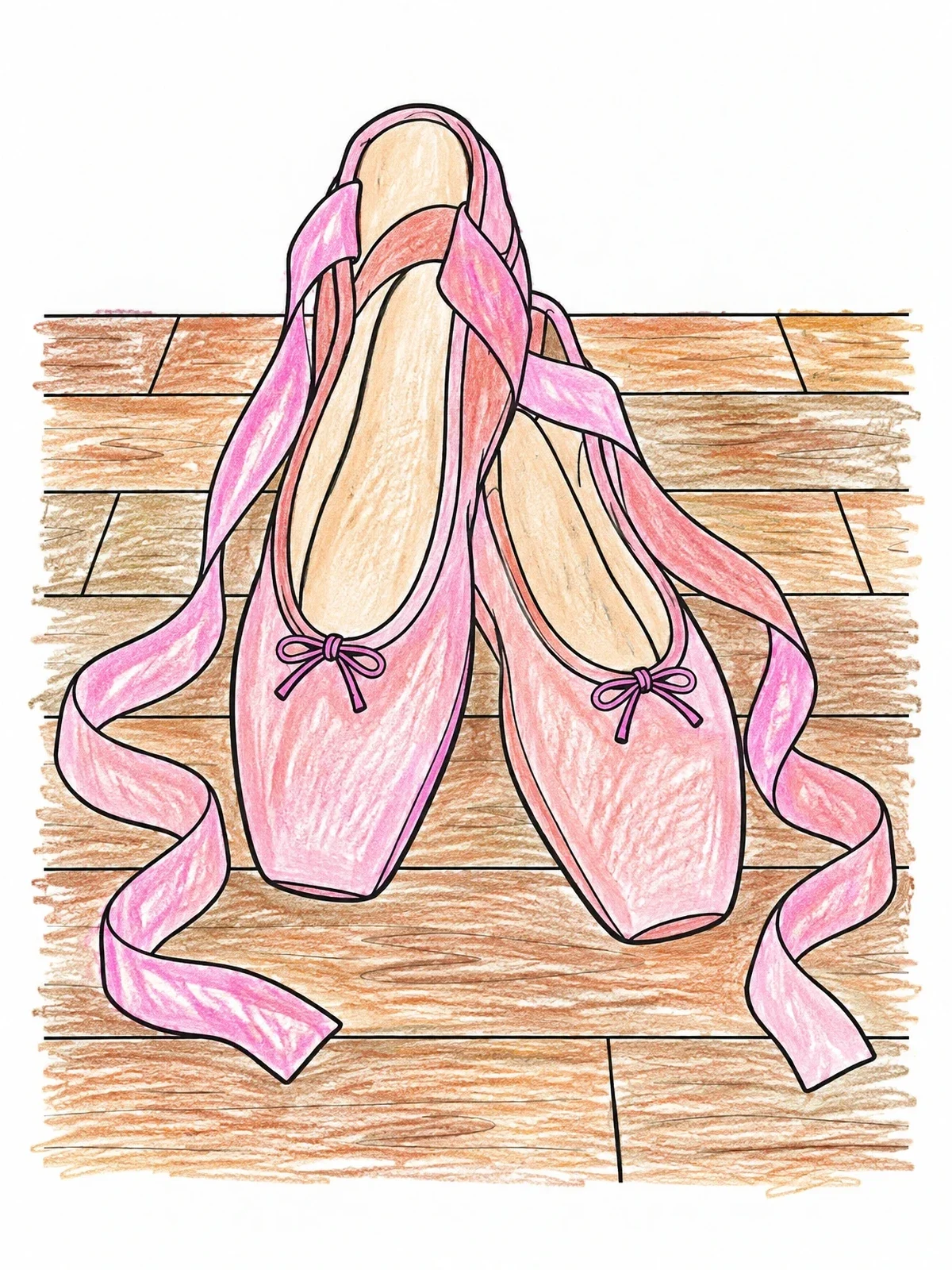 Colored example of the Ballet Pointe Shoes On Wooden Floor coloring page