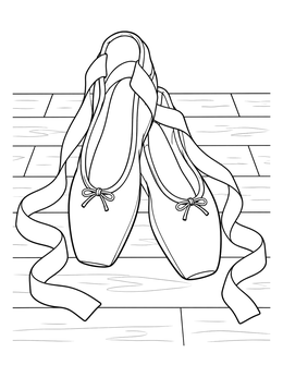 A pair of pointe shoes with graceful satin ribbons resting on wooden floorboards in this ballerina coloring page.
