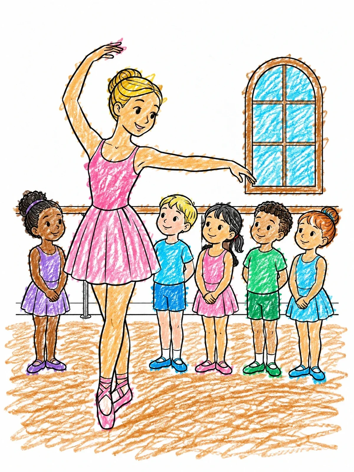 Colored example of the Ballet Teacher With Young Students coloring page