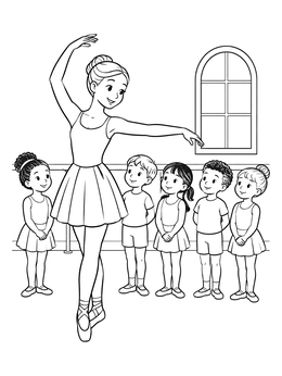 A ballet teacher instructs children in this ballerina coloring page.