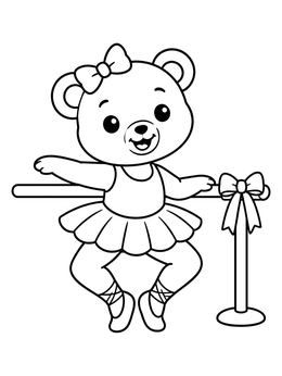 A cute bear in a tutu practices dance in this ballerina coloring page.
