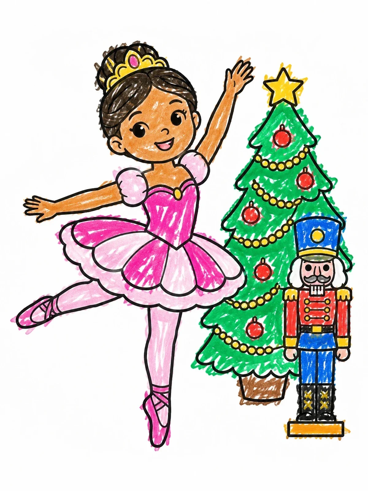 Colored example of the Ballerina With Christmas Tree And Nutcracker coloring page