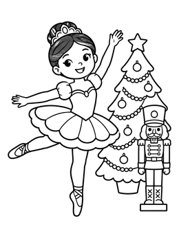 Little ballerina coloring page featuring a holiday tree and festive nutcracker doll.
