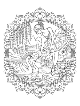 A ballerina feeds two graceful birds in this detailed swan coloring page set inside an ornamental frame.