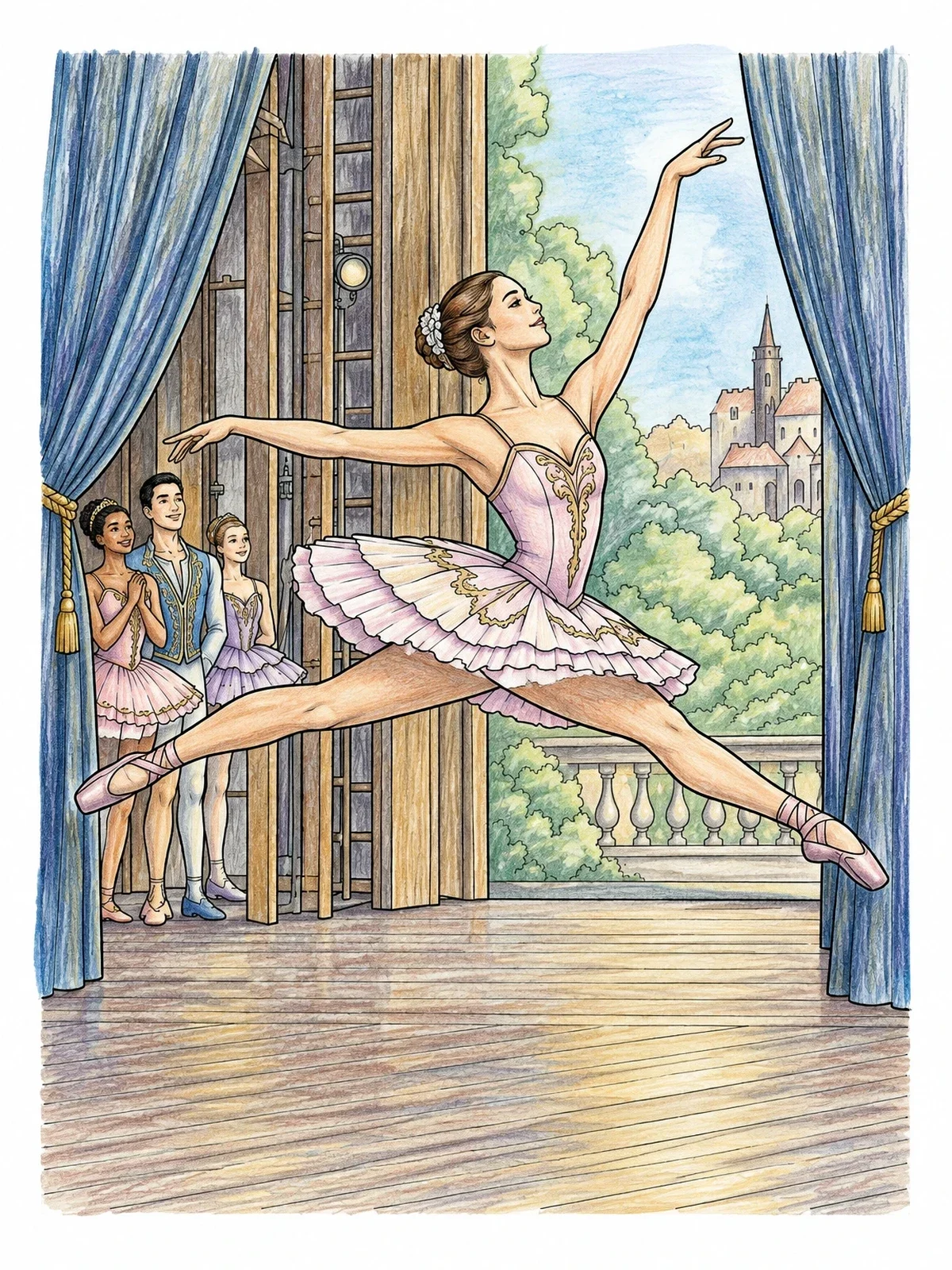 Colored example of the Ballerina Grand Jete On Stage coloring page