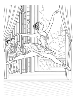 A graceful ballerina coloring page showing a leap on stage with backstage dancers watching.