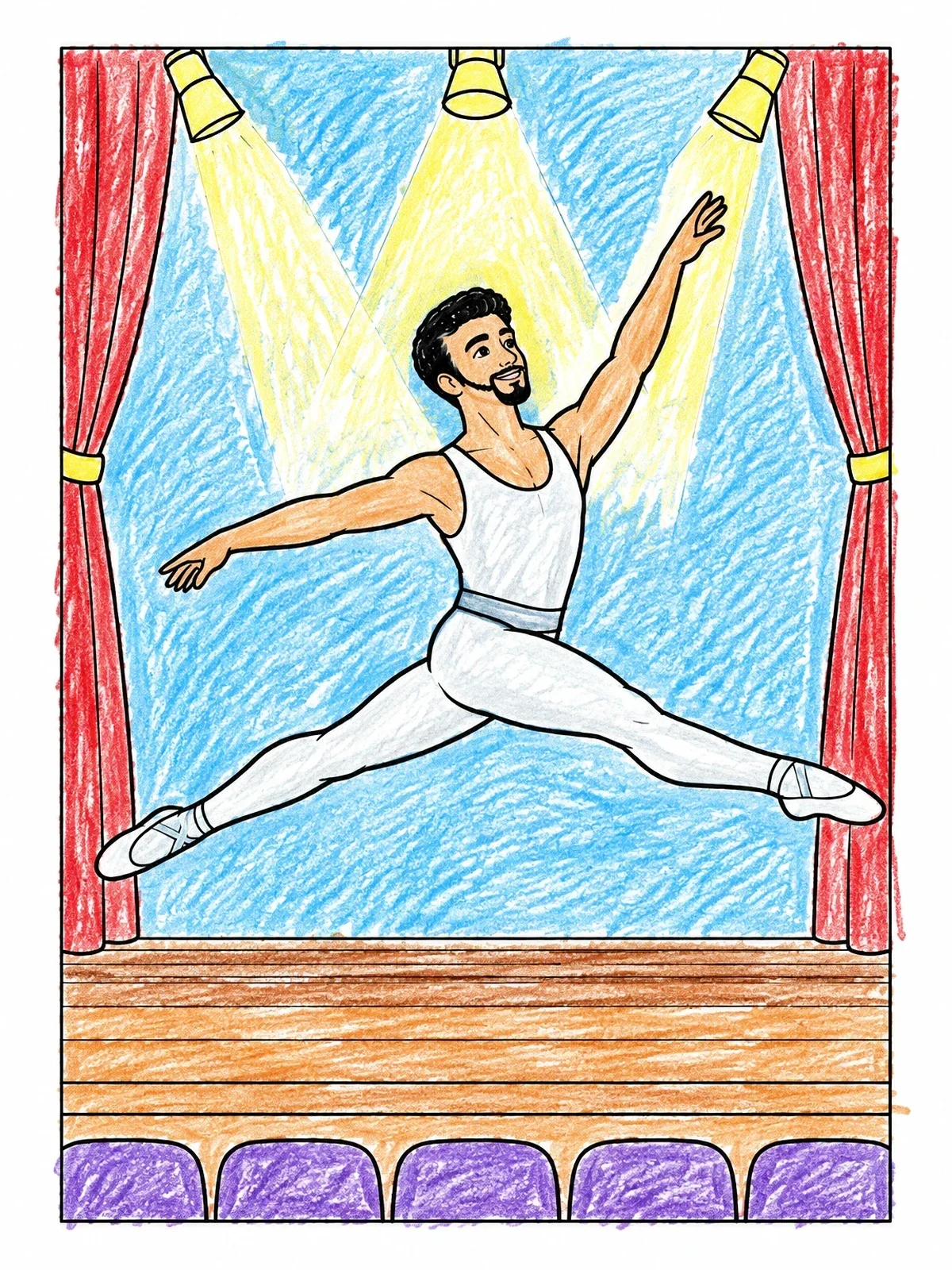 Colored example of the Male Ballet Dancer Leaping On Stage coloring page