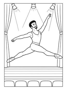 A male dancer performs a grand jeté in this ballerina coloring page on a theater stage.