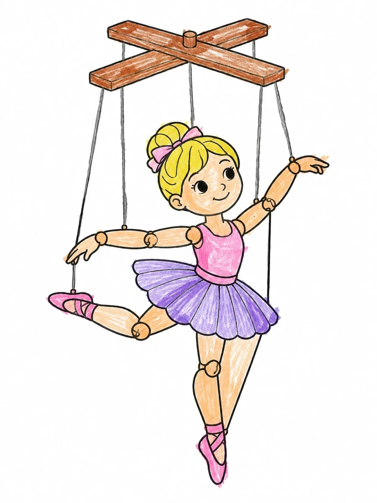 Colored example of the Ballerina Marionette Puppet coloring page