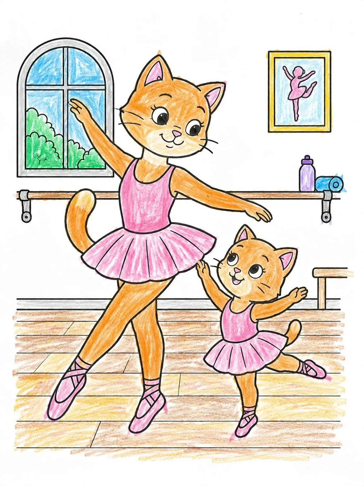 Colored example of the Mother And Kitten Ballet Dance coloring page