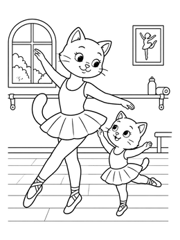 A mother cat and kitten dance in a ballerina coloring page.