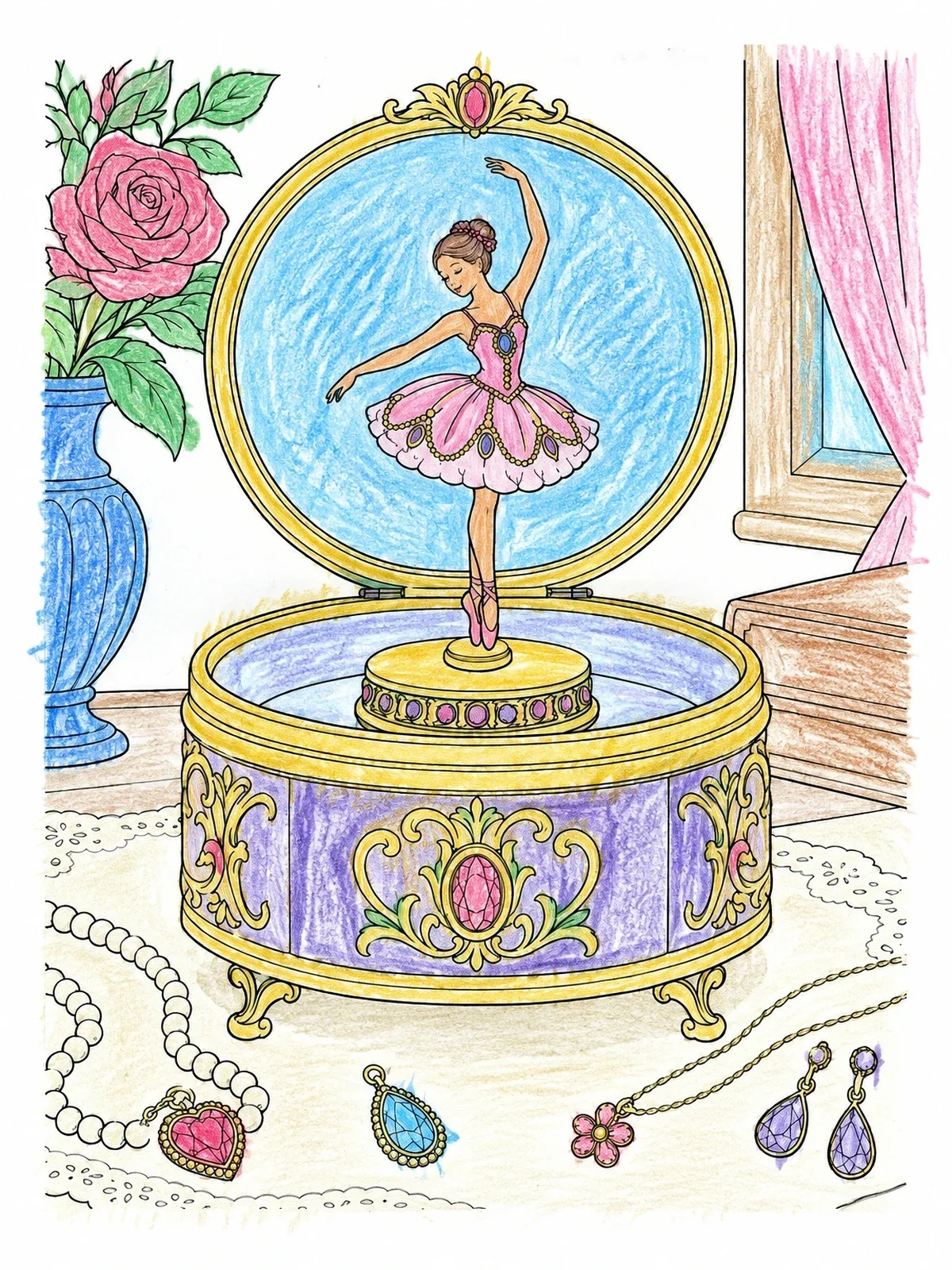 Colored example of the Ballerina Music Box And Jewels coloring page