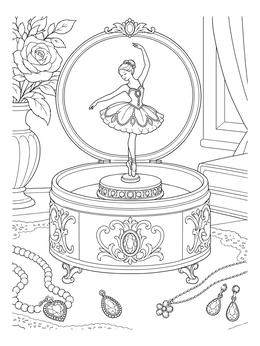 An ornate ballerina music box sits near sparkling gems on this jewels coloring page.