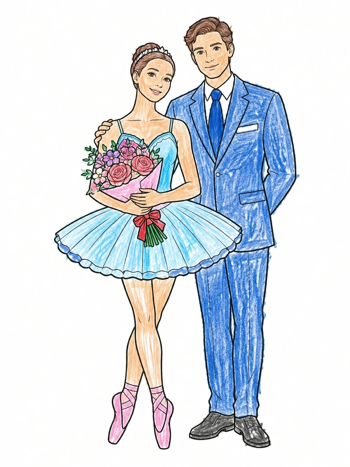 Colored example of the Ballerina And Partner With Bouquet coloring page