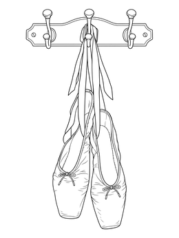 A detailed ballerina coloring page featuring ballet pointe shoes hanging by ribbons from a wall rack.
