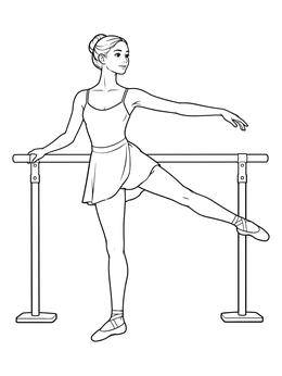 A graceful ballerina coloring page showing a dancer stretching at the wooden barre.