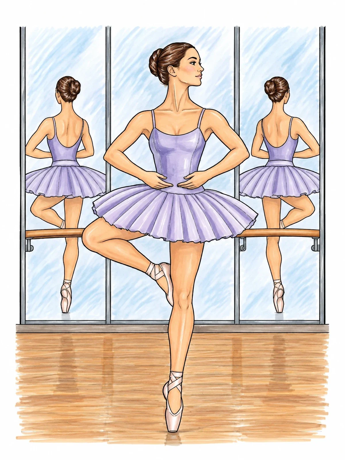 Colored example of the Ballerina Rehearsing In Studio Mirrors coloring page