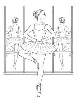 A graceful ballerina coloring page showing a dancer posing en pointe before studio mirrors.